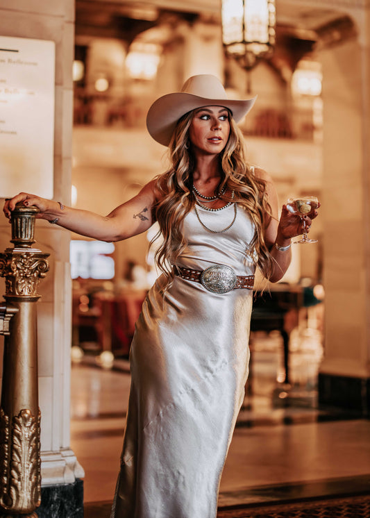 NEW!! "Gilded Girl" Silver Satin Maxi Dress