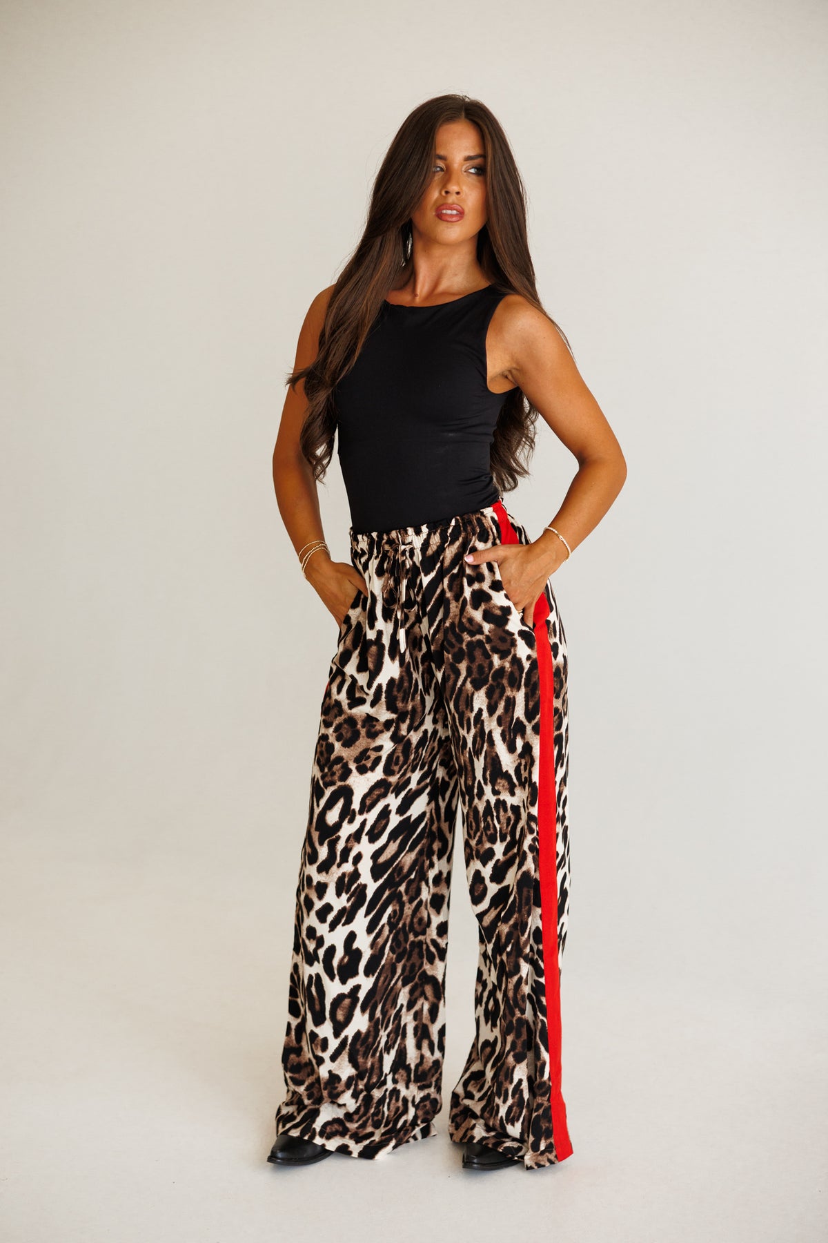 Leopard Straight Leg Pants With Red Stripes