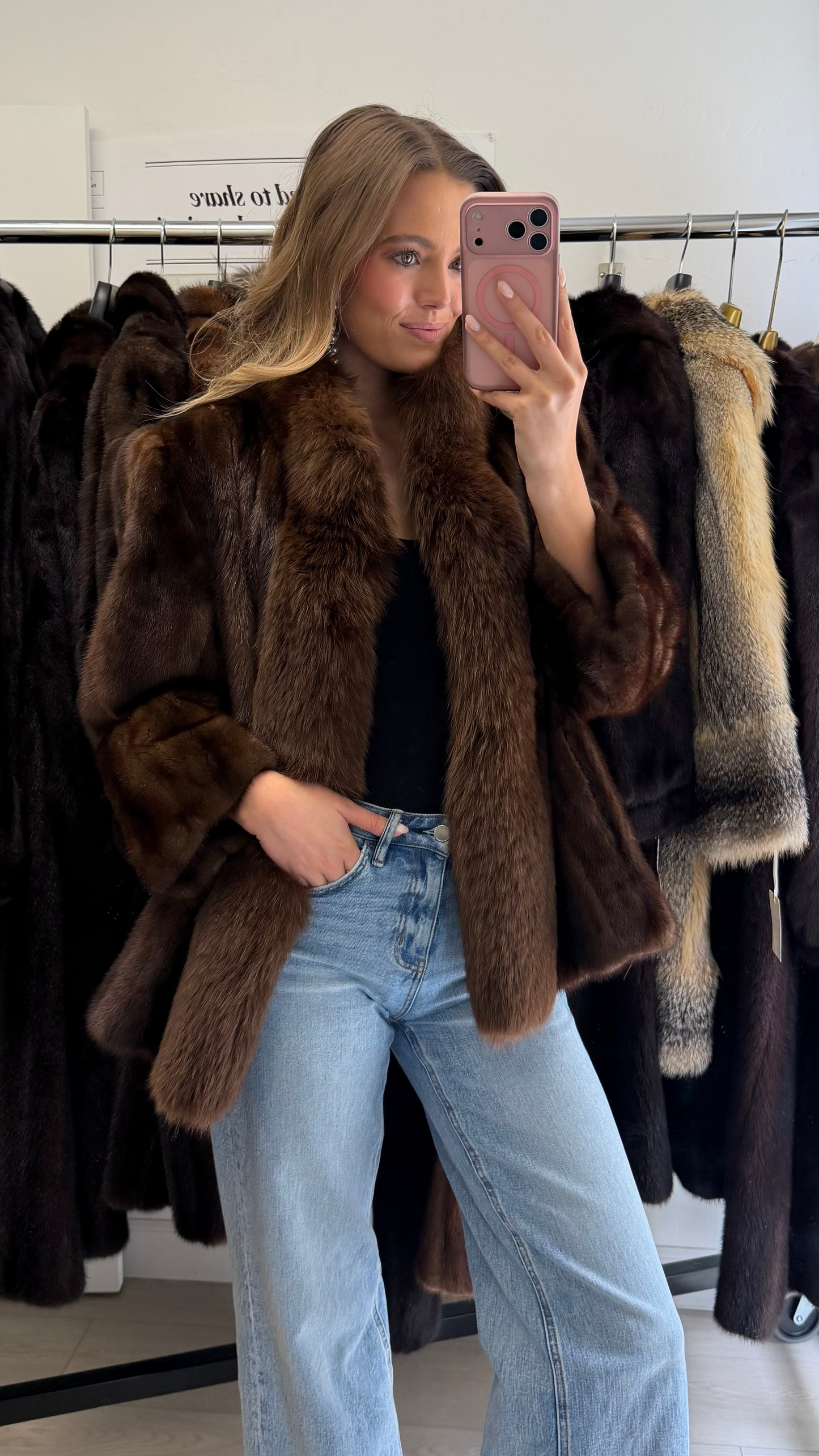 #54 Vintage Demi Buff Mink Jacket w/ Fox Tuxedo Collar Size Medium