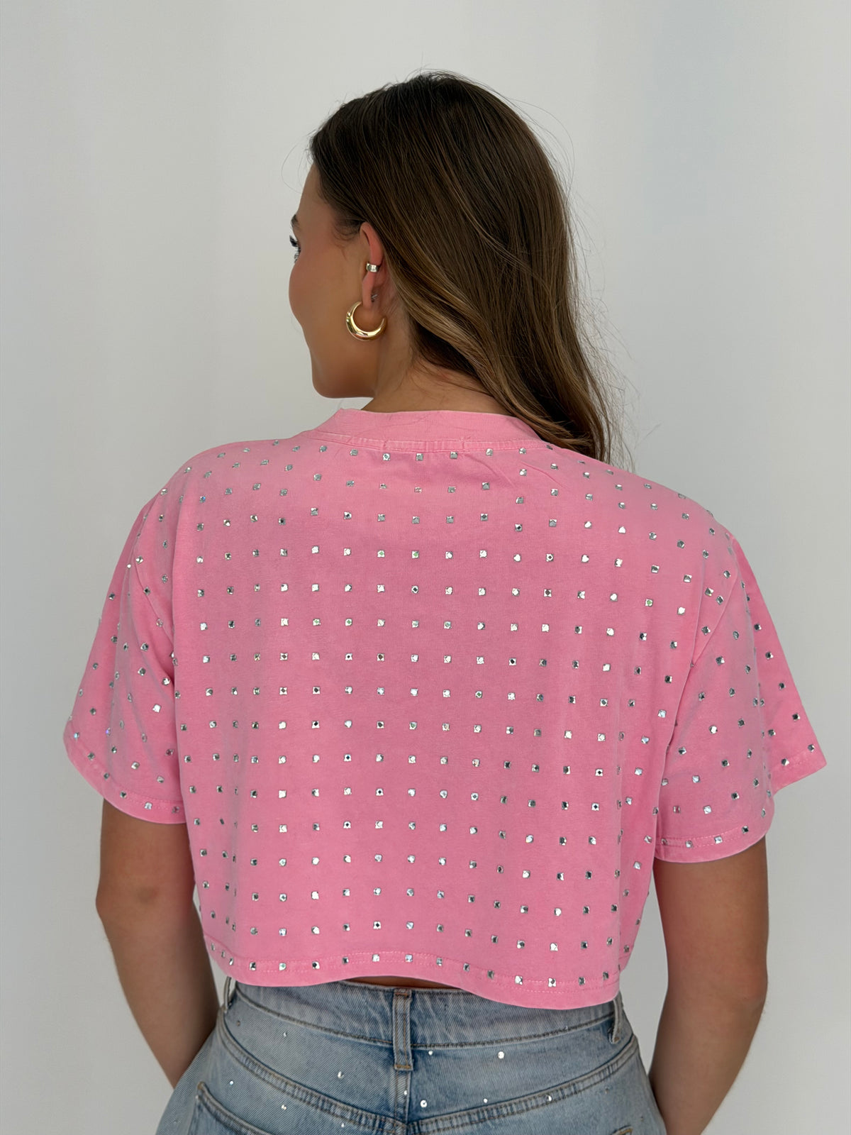 FINAL SALE!! The “Dallas" Cropped Rhinestone Tee in Pink