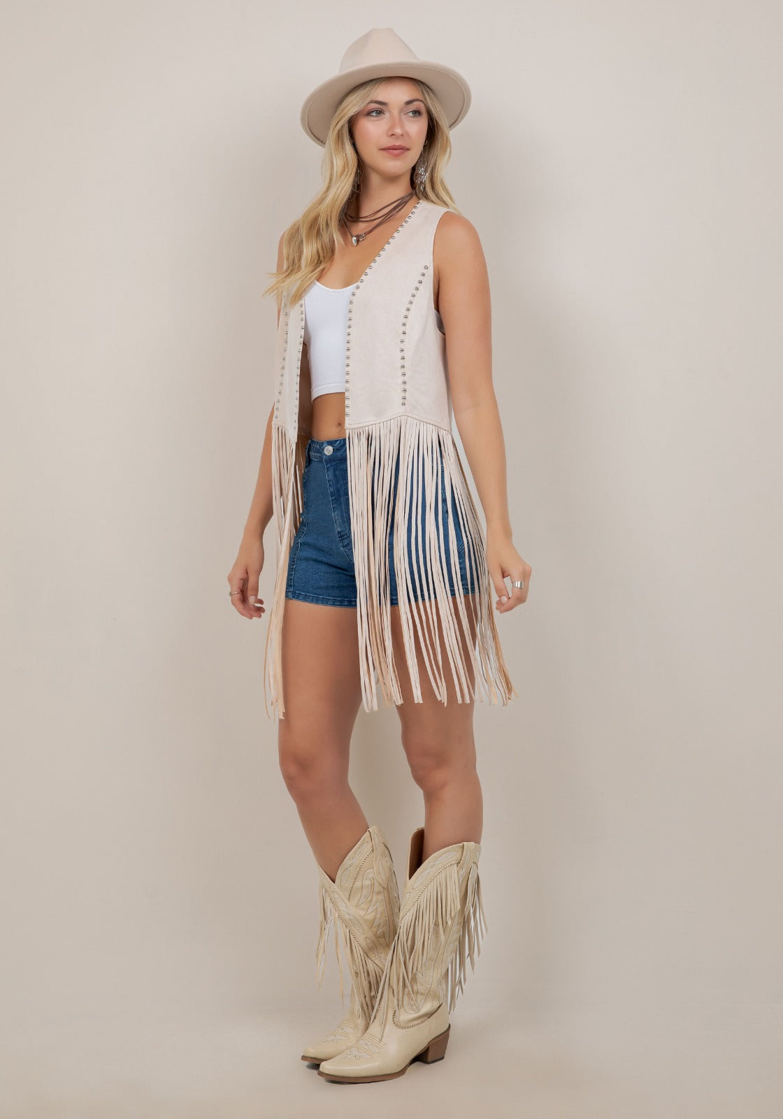 "Shania" Studded Suede Fringe Vest Shawl in Cream