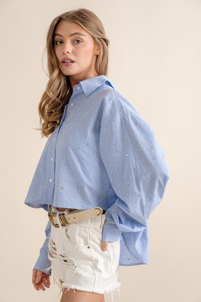 AS SEEN ON COLLINS TUOHY!! Lightweight Rhinestone Button Down Shirt in Blue