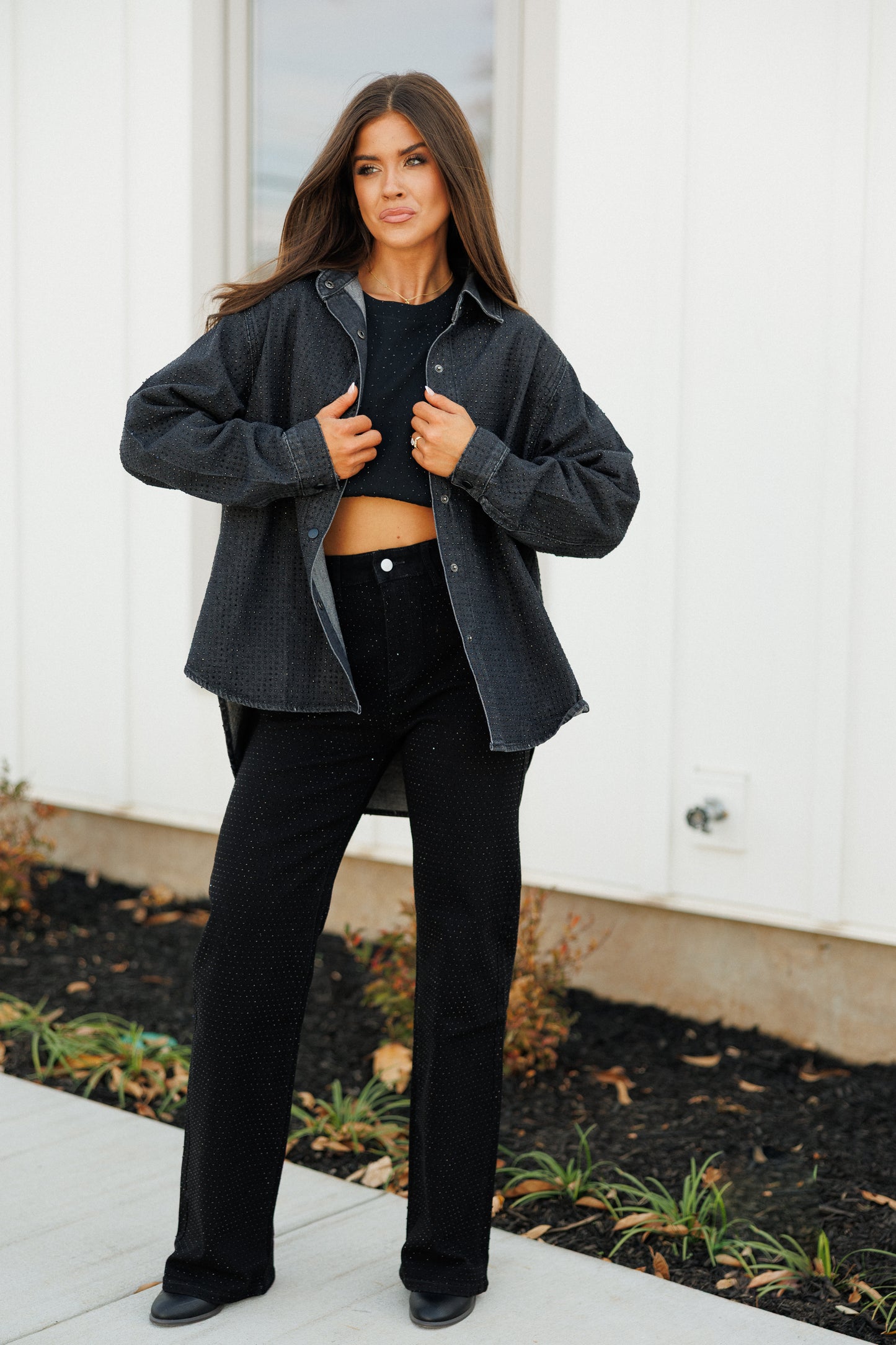 NEW!! "Statement Made" Rhinestone Denim Shacket in Black