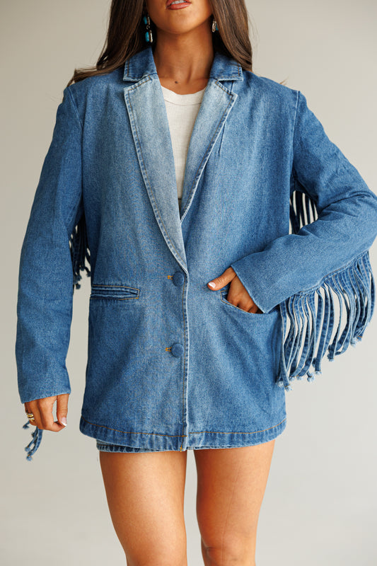 NEW!! "Status Symbol" Denim Fringe Blazer