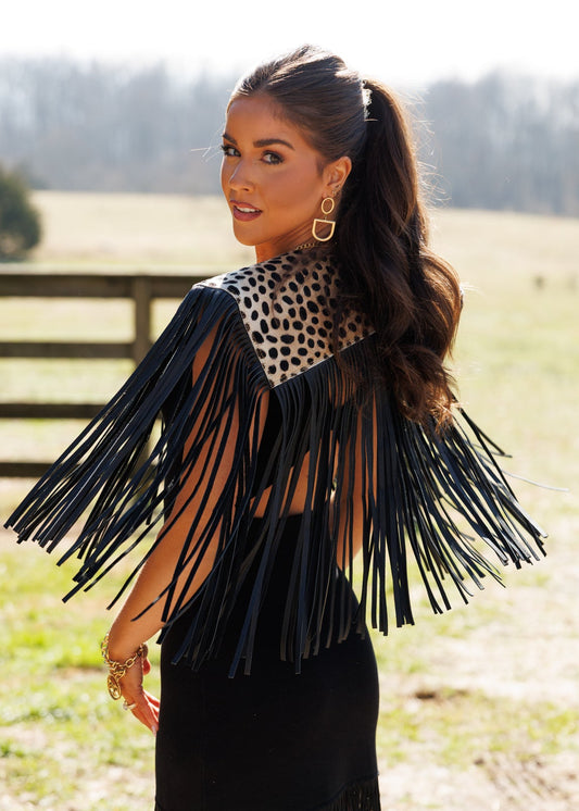 Cowhide Fringe Shawl in Leopard