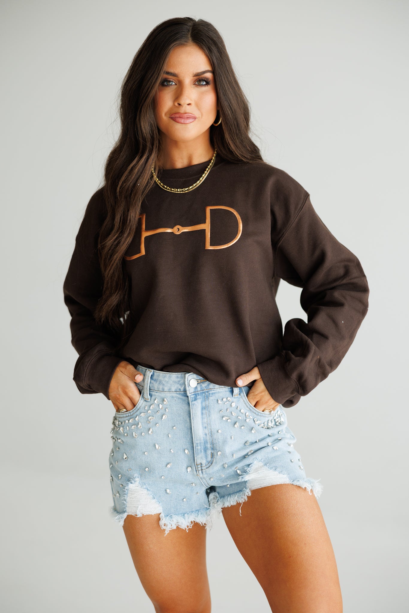 "Metallic Cowgirl" Horsebit Sweatshirt in Brown