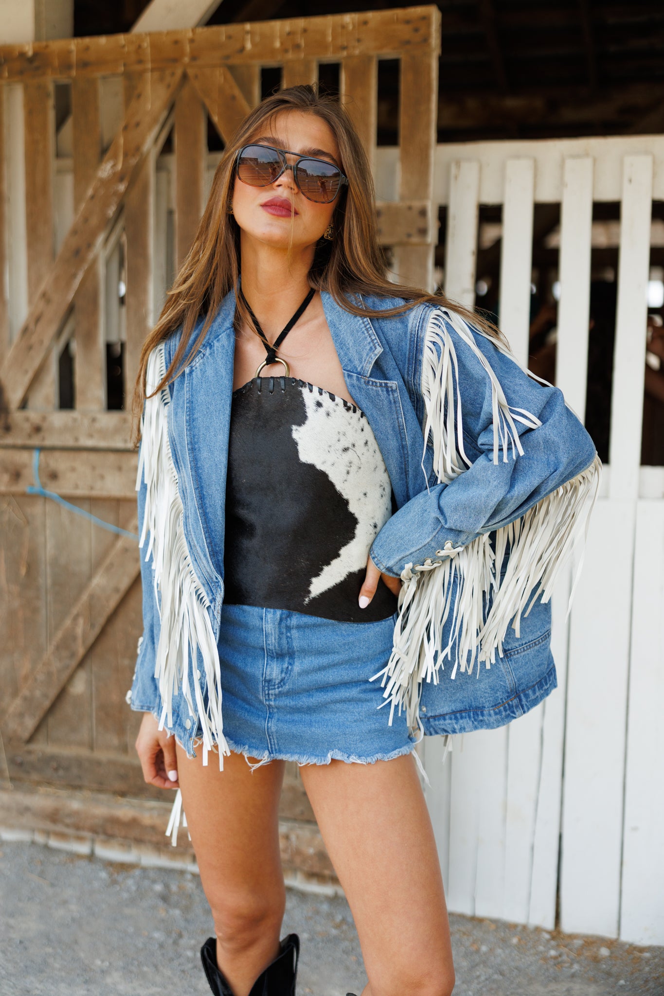 "Aspen" Fringe Denim Jacket in Medium Wash