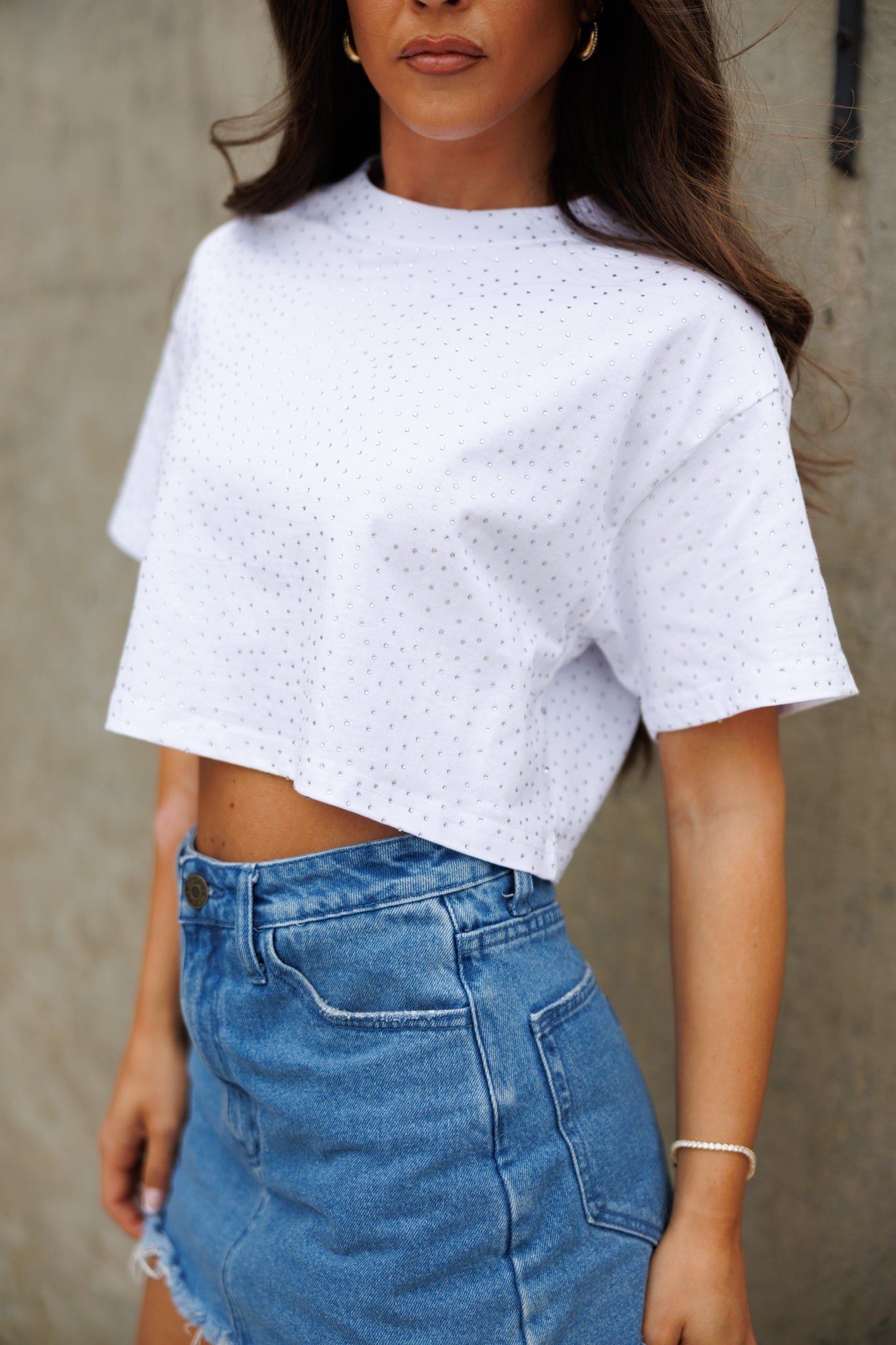 The “Brooklyn" Cropped Rhinestone Tee in White