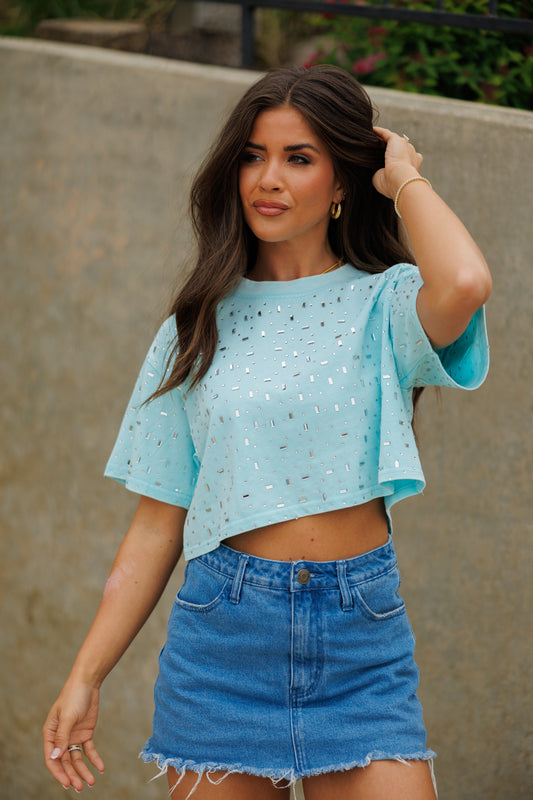 The “Houston" Cropped Rhinestone Tee in Teal