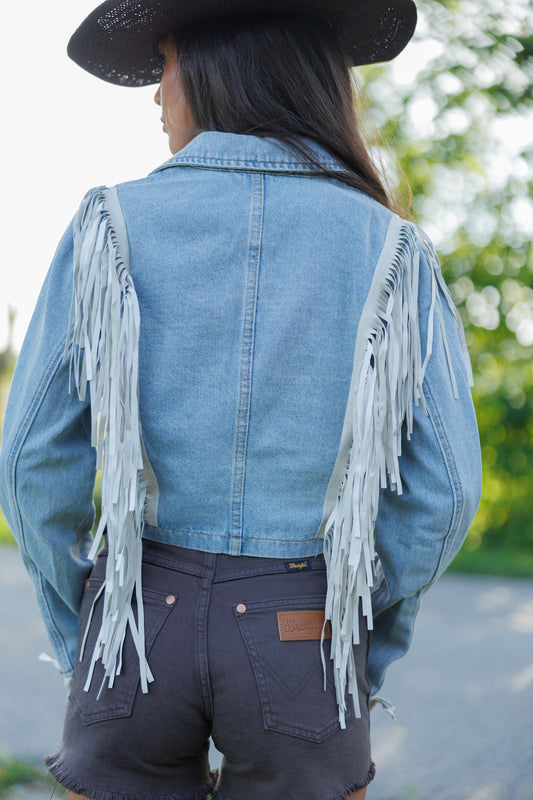 "Aspen" Cropped Fringe Denim Jacket in Light Wash