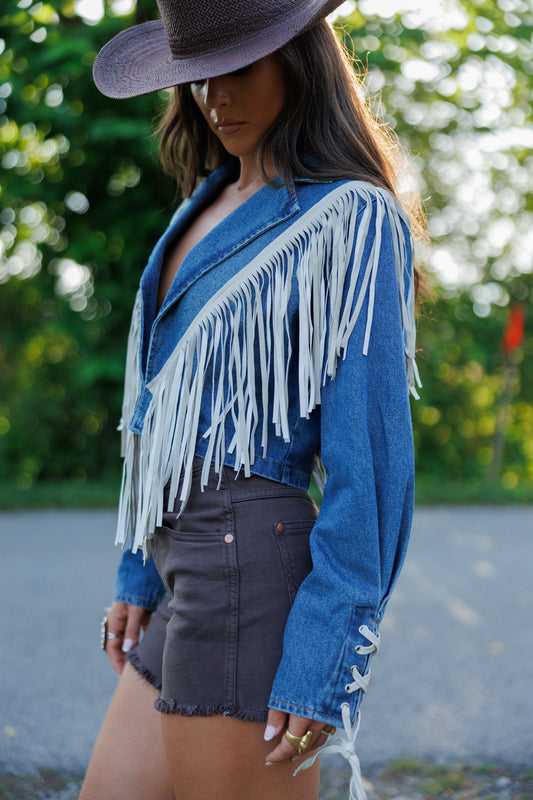 "Aspen" Cropped Fringe Denim Jacket in Medium Wash