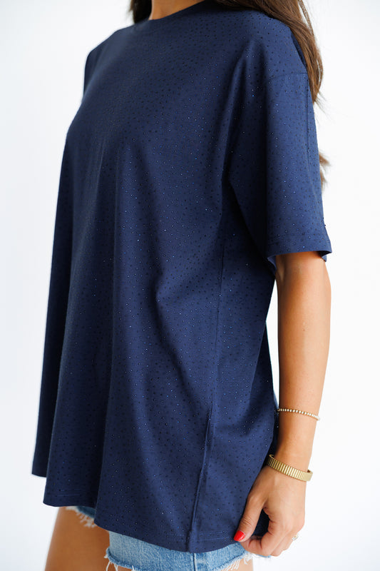 "Brooklyn" Rhinestone Tee in Navy