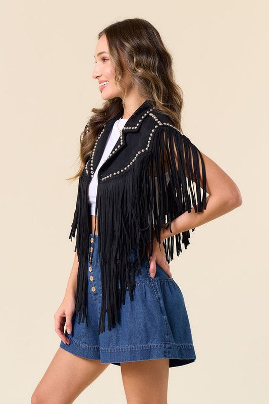 NEW!! The "Wrangler" Studded Fringe Suede Shawl in Black