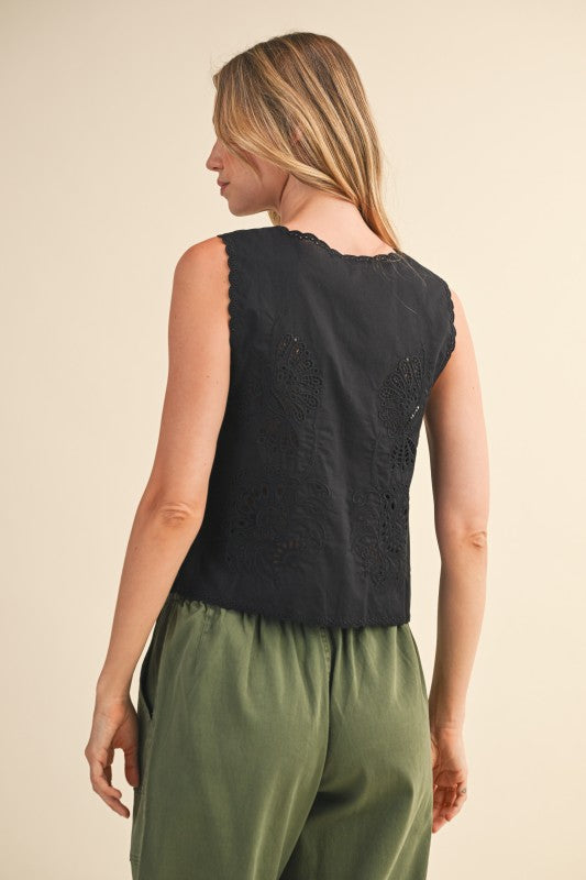 NEW!! Embroidered Front Tie Eyelet Top in Black