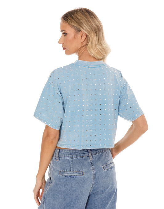 FINAL SALE!! The “Dallas" Cropped Rhinestone Tee in Blue