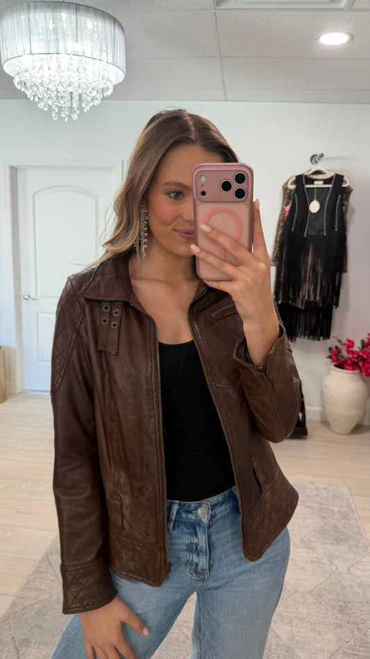 Vintage Brown Leather Quilted Jacket Size XS