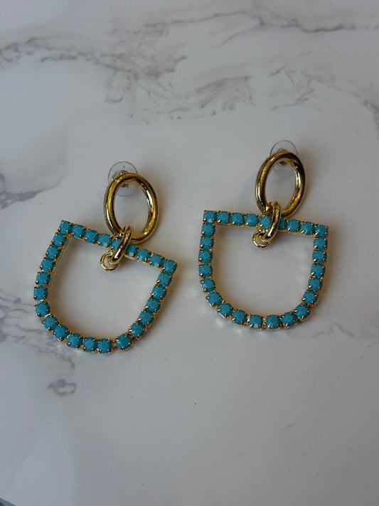 Horsebit and Turquoise Rhinestone Earrings in Gold