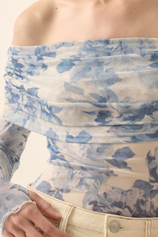 NEW!! Blue Rose Mesh Off the Shoulder Bodysuit