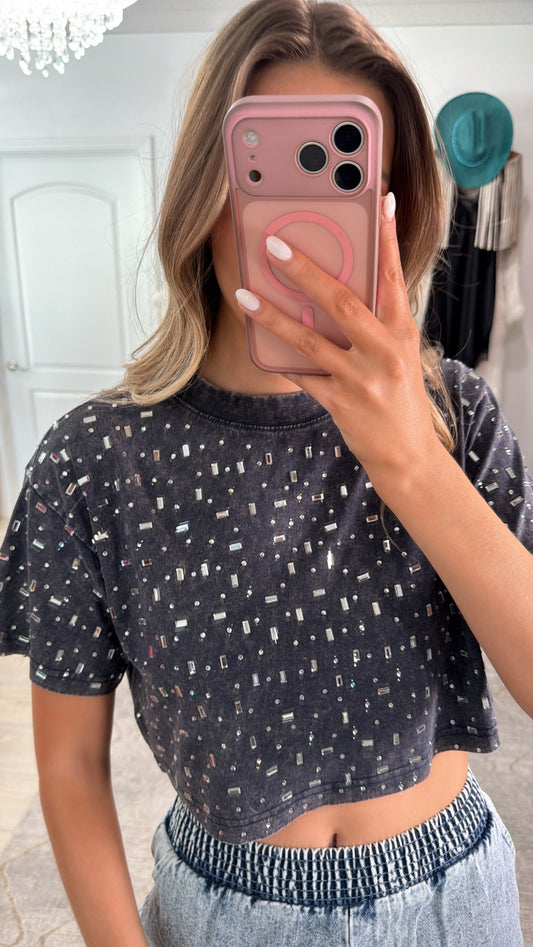 The “Houston" Cropped Rhinestone Tee in Navy