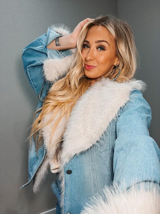 BEST SELLER!! Penny Faux Fur Denim Jacket in Blue