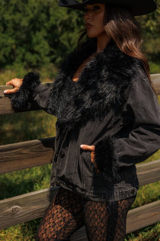 Penny Faux Fur Denim Jacket in Black