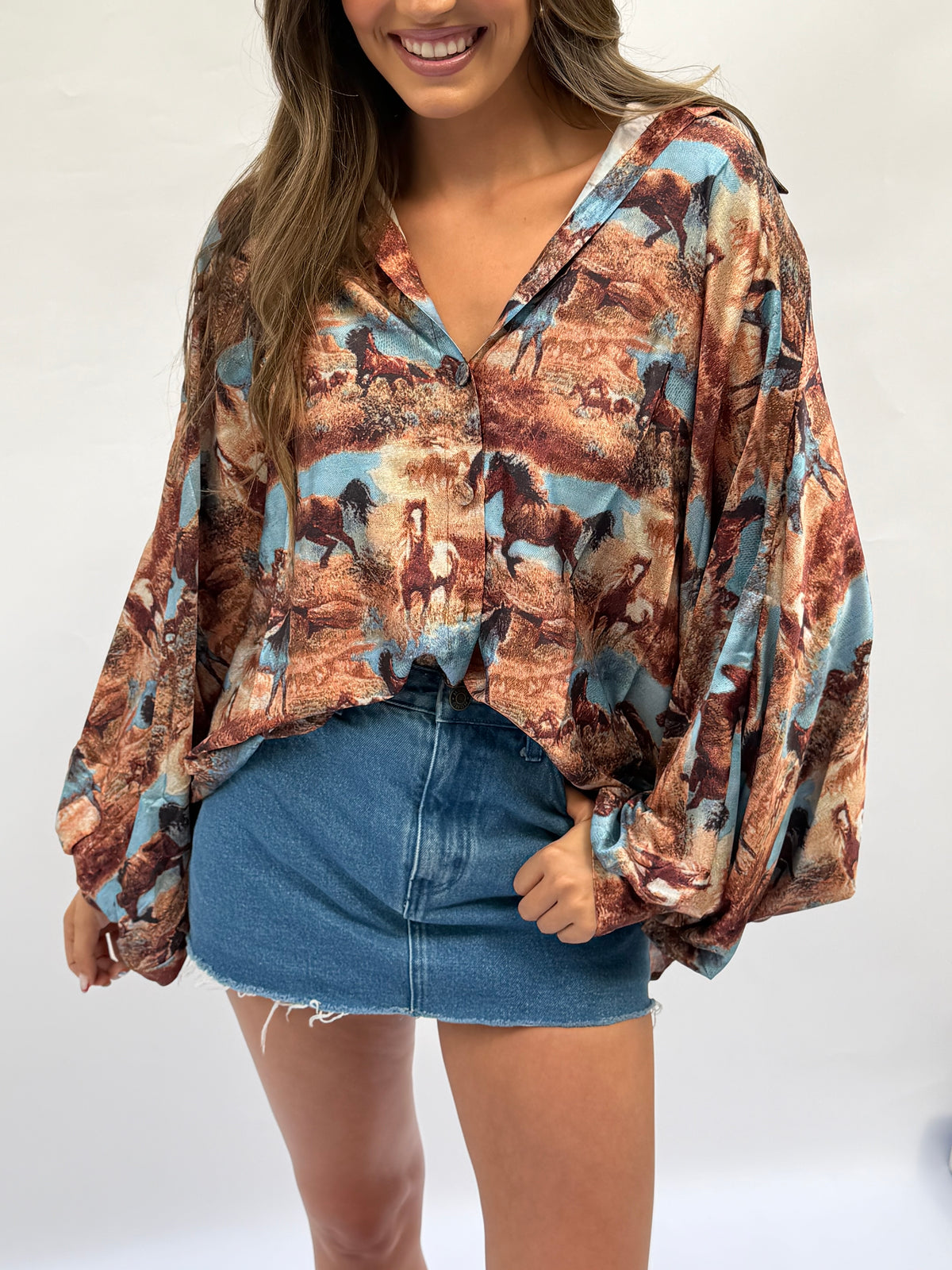 Horseprint Satin Top in Brown Multi