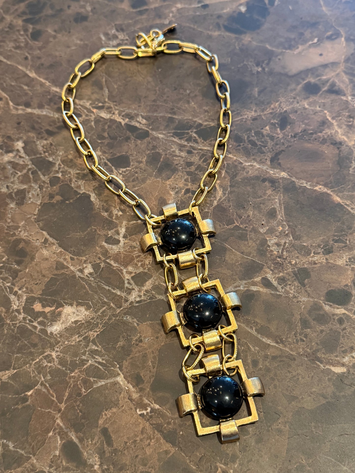 Heritage Cabachon Triple Drop Necklace in Gold & Black