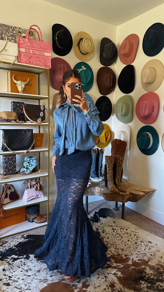 Chic Denim Tie Neck Top