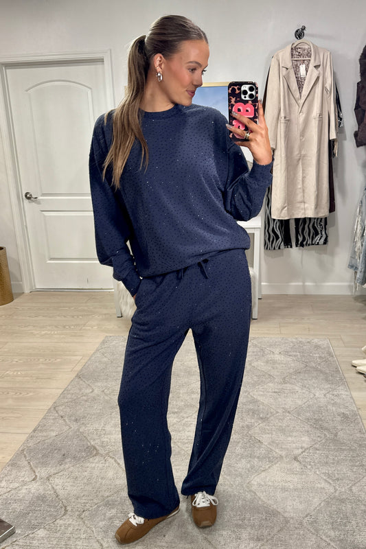 NEW!! "Off Duty" Rhinestone Sweatpants in Navy