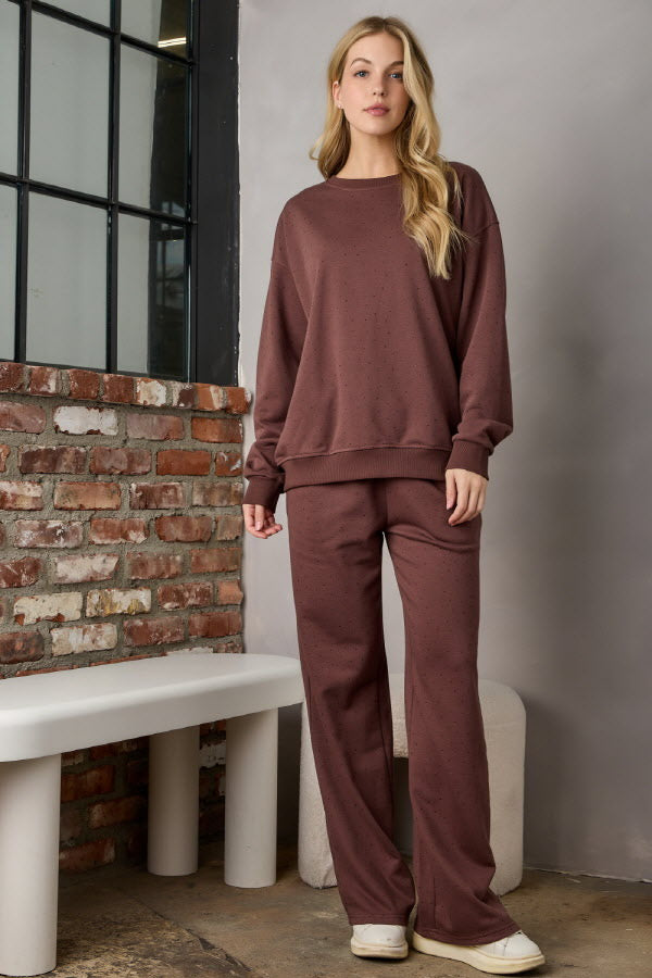 "Off Duty" Rhinestone Sweat Outfit in Brown - PREORDER