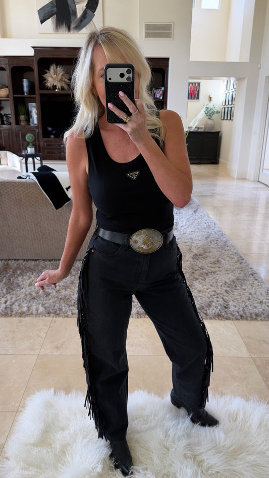 Pony Up Fringe Jeans in Black