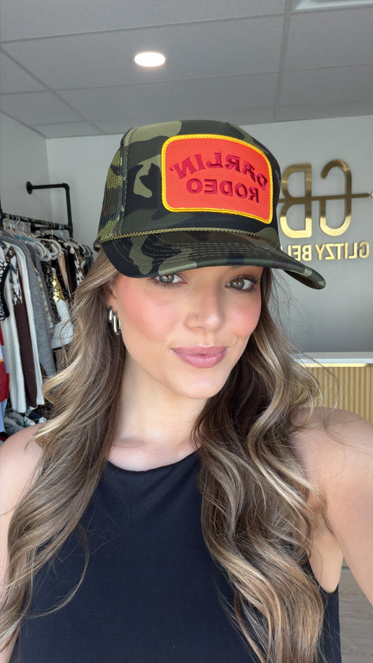 NEW!! Darlin' Neon Rodeo Patch Trucker in Camo