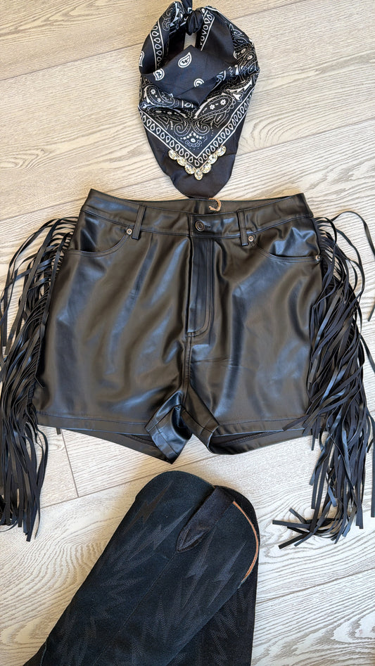 The "Midland" Fringe Faux Leather Shorts in Black