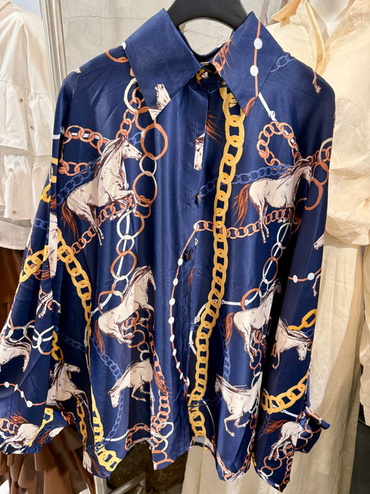 NEW!! Horseprint Satin Top in Navy