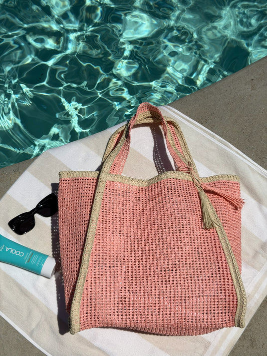 "Cannes Coast" Straw Tote Bag in Pink