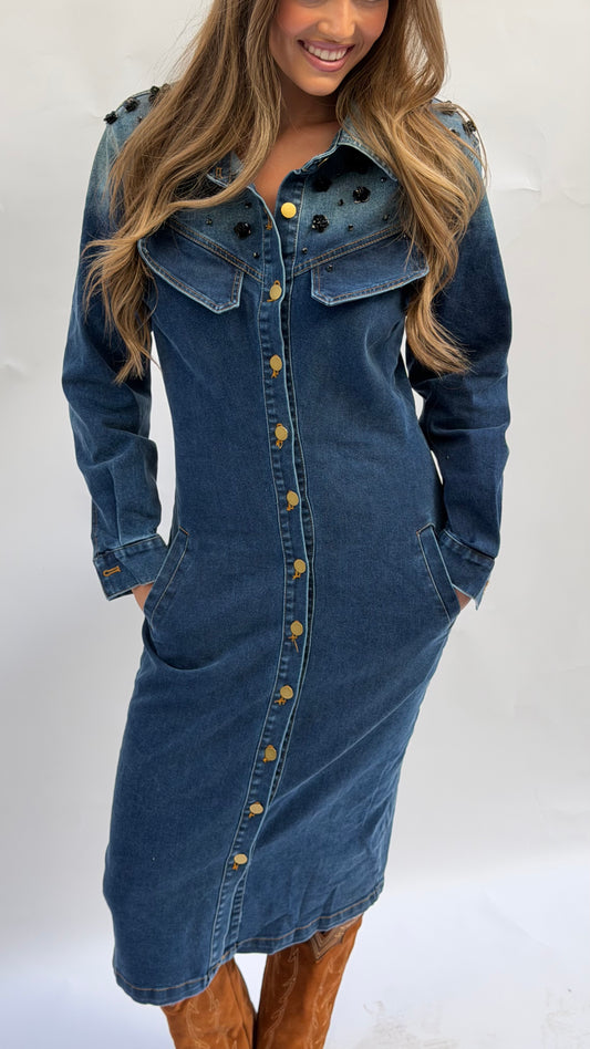 Dark Denim Dress w/ Shoulder Embellishment