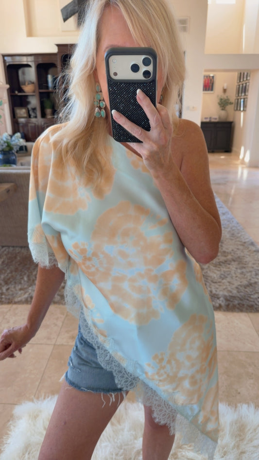 Asymmetric Lace Top in Light Blue Floral