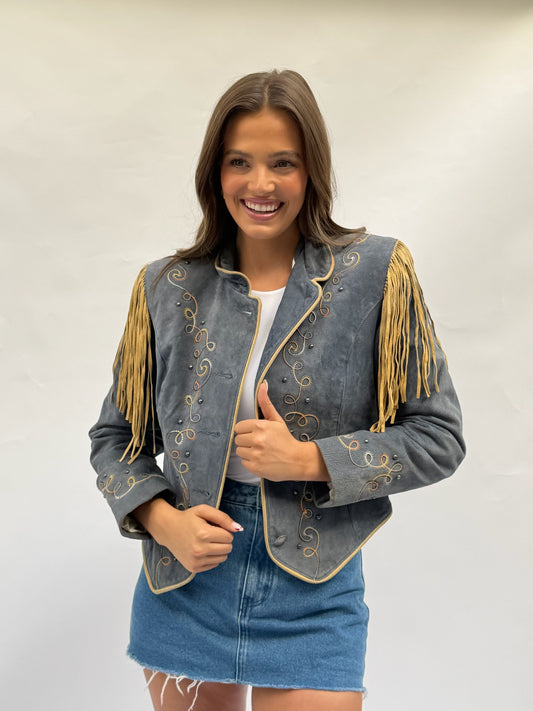 Vintage Blue/Grey Suede Fringe Jacket Size Medium