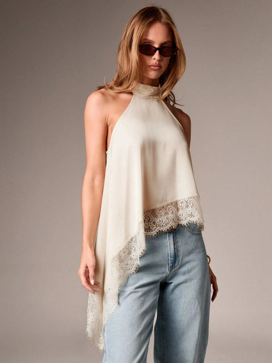 Asymmetric Lace Halter Top in Ivory