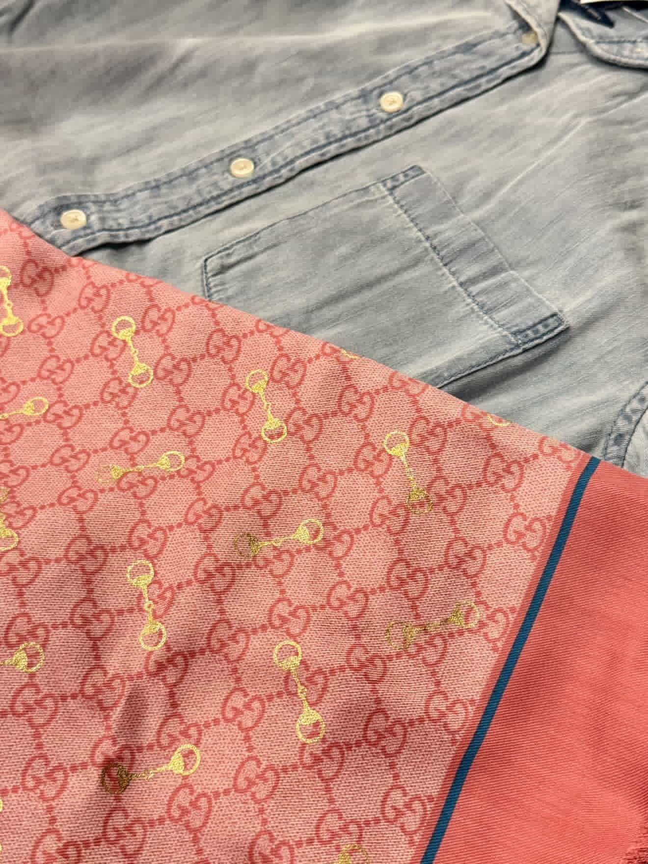 LIMITED EDITION!! Designer Repurposed Denim Shirt w/ Designer Pink Scarf