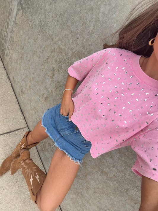 The “Houston" Cropped Rhinestone Tee in Pink