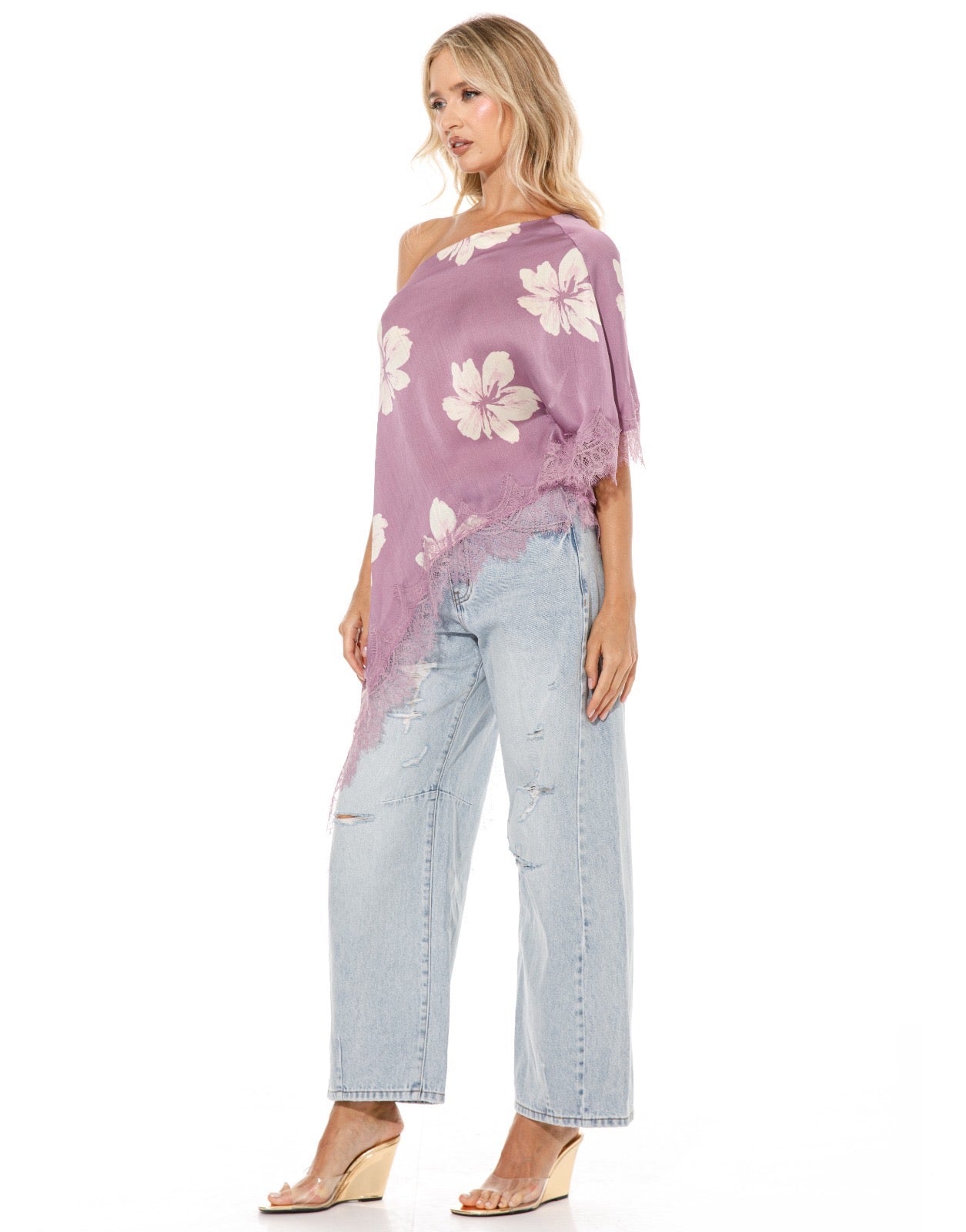 Asymmetric Lace Top in Purple Floral