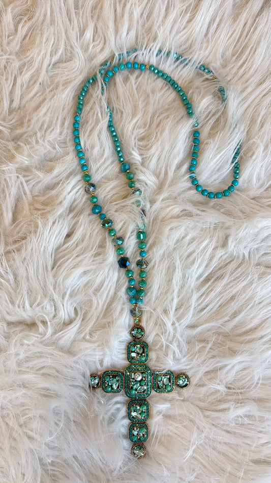DOORBUSTER!! Oversized Crystal Cross Necklace in Turquoise