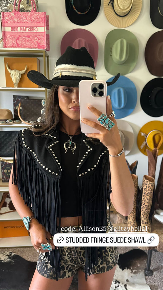 NEW!! The "Wrangler" Studded Fringe Suede Shawl in Black