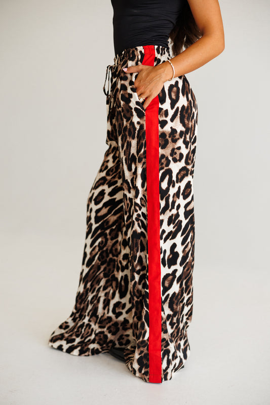 Leopard Straight Leg Pants With Red Stripes