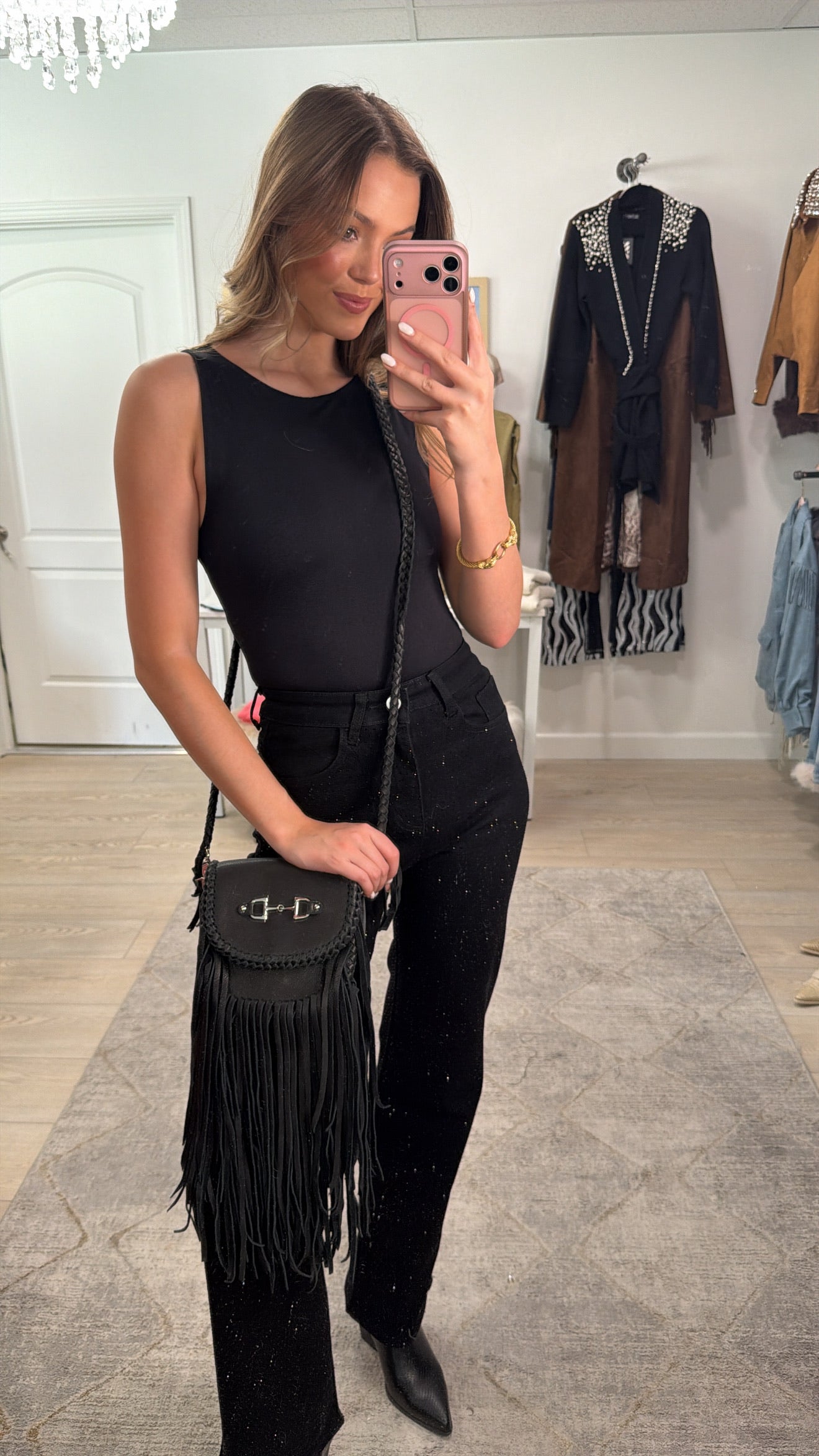 NEW!! Horsebit Fringe Leather Crossbody Purse