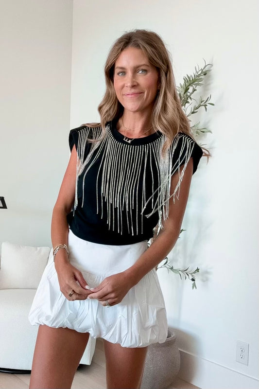 FINAL SALE!! Rhinestone Fringe Cropped Tee in Black