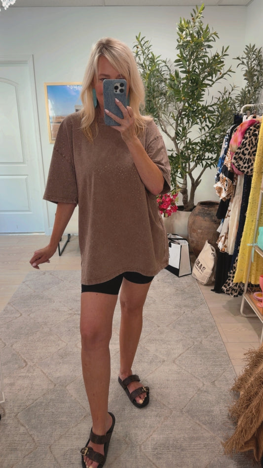 NEW!! "Brooklyn" Acid Wash Rhinestone Tee in Brown