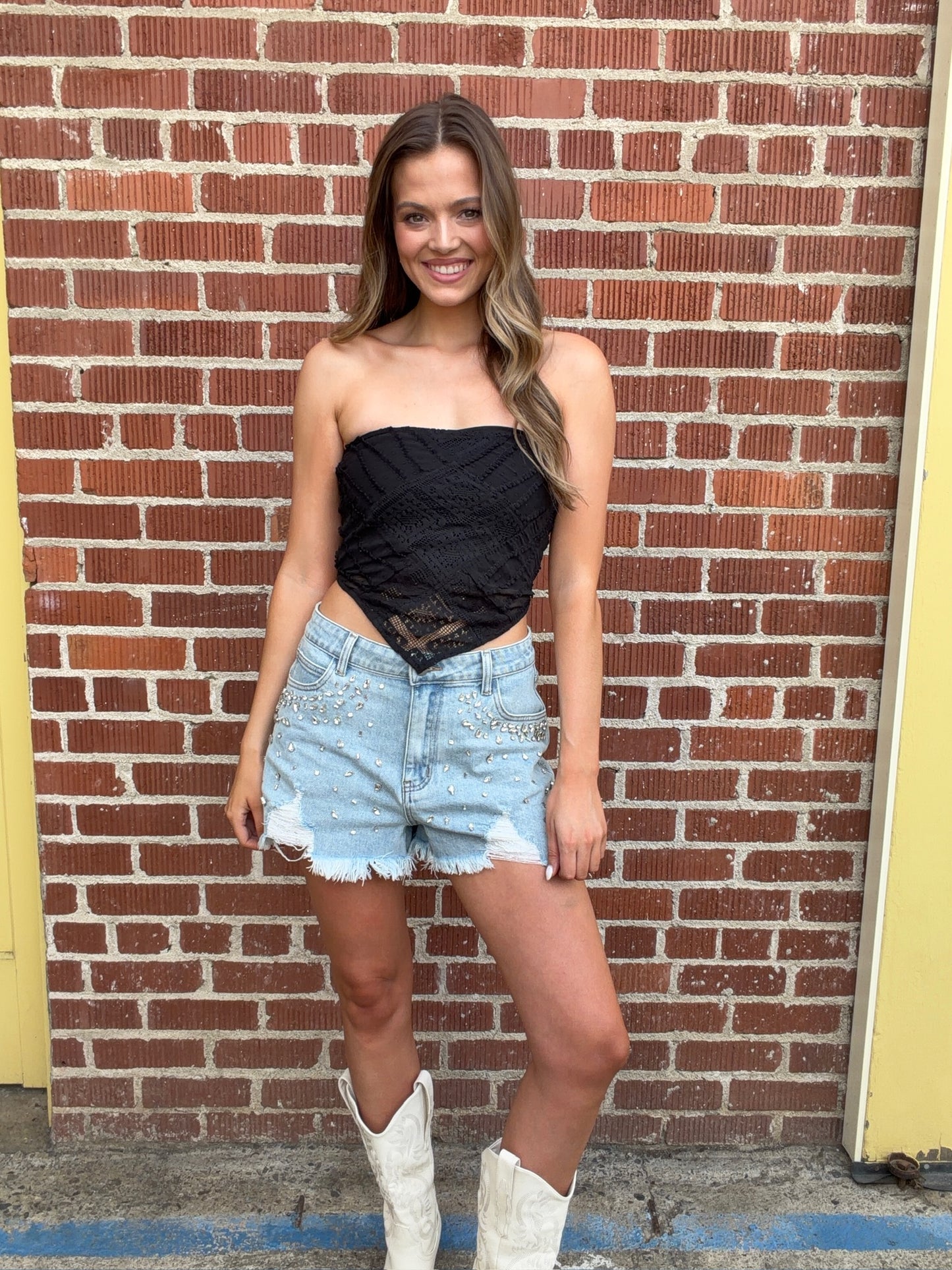 "Rodeo Rose" Lace Bandeau Top in Black