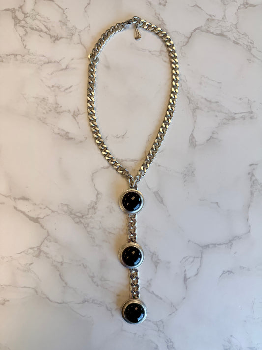 Cabachon Triple Drop Necklace in Silver & Black